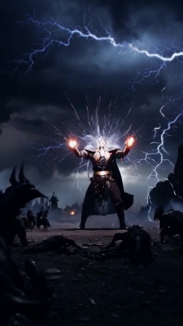 Powerful sorcerer with glowing hands unleashes vibrant surge of atomic energy sending shockwaves rippling through air approaching shadowy demons staggering back in fear and confusion backdrop of a darkened battlefield illuminated by flickering lightning bolts swirling storm clouds overhead ominous atmosphere thick with tension