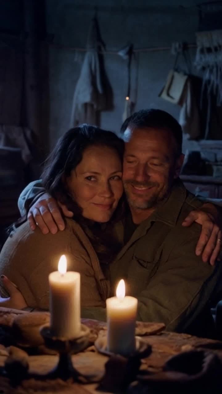 Weathered woman with tattered clothes showing resilience and strength tenderly gazing at her devoted smiling husband, sharing a warm embrace under flickering candlelight illuminating a humble, cramped room filled with cherished memories worn furniture and handmade decorations reflecting their love amidst adversity