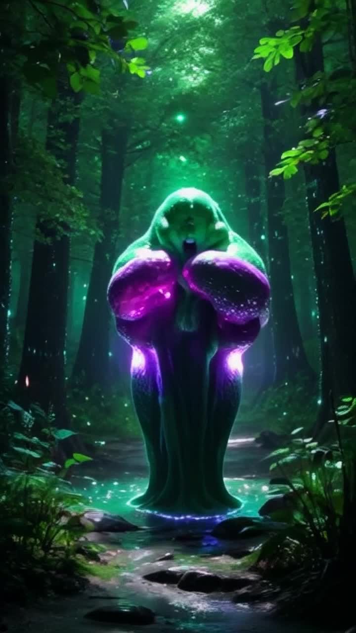 A towering enchanting slime girl shimmering with vibrant hues of green and purple envelops me with her malleable form pulling me into her gelatinous embrace Her enormous silhouette pulsates as she playfully squeezes, exuding a hypnotic allure that tingles against my skin Glowing orbs of light dance around us illuminating a mystical forest filled with bioluminescent flora and glistening dew Lush emerald leaves sway gently in a warm breeze, while glowing creatures flit by, casting mesmerizing shadows on the ground, adding a fantastical layer to this surreal scene