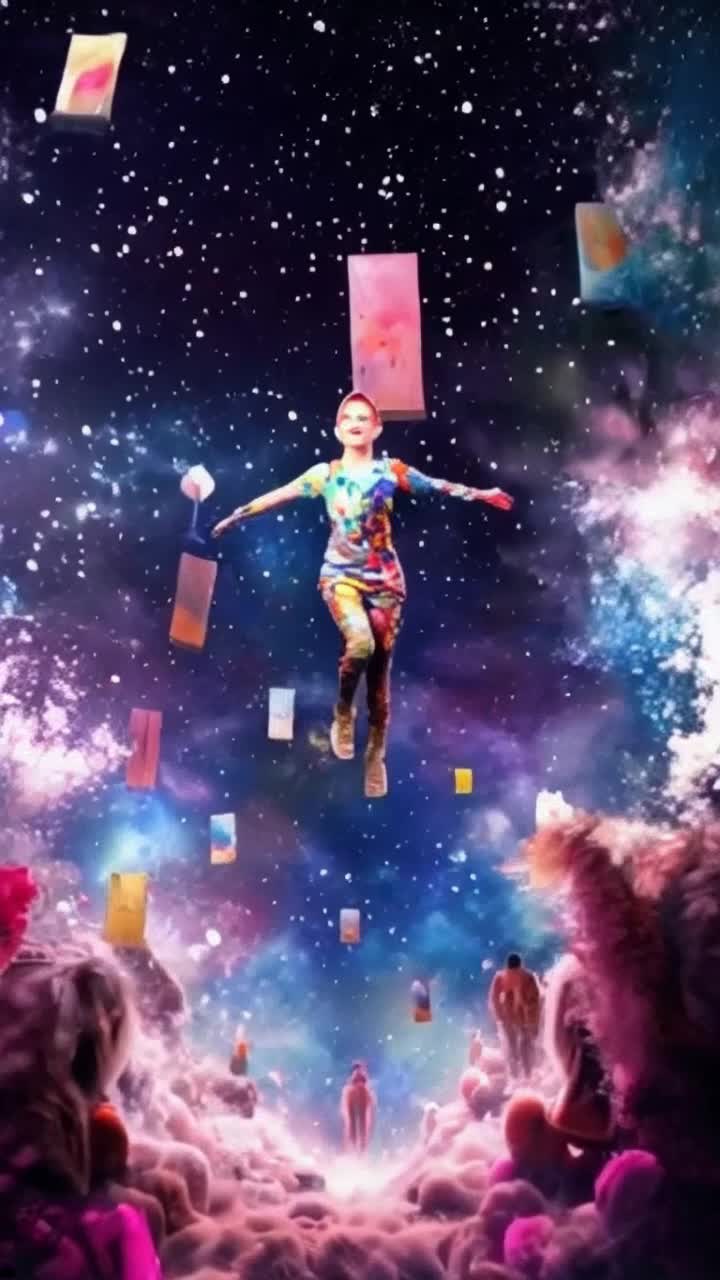 Young artist adorned in vibrant paint splatters descends gracefully surrounded by a swirling entourage of dreamers igniting their imaginations unleashing bursts of colorful creativity transforming their surroundings into a breathtaking kaleidoscope of hues textures and shapes radiating magic and inspiration under a sky filled with shimmering stars and floating canvases drifting softly creating a world vibrant with endless possibilities and artistic wonder