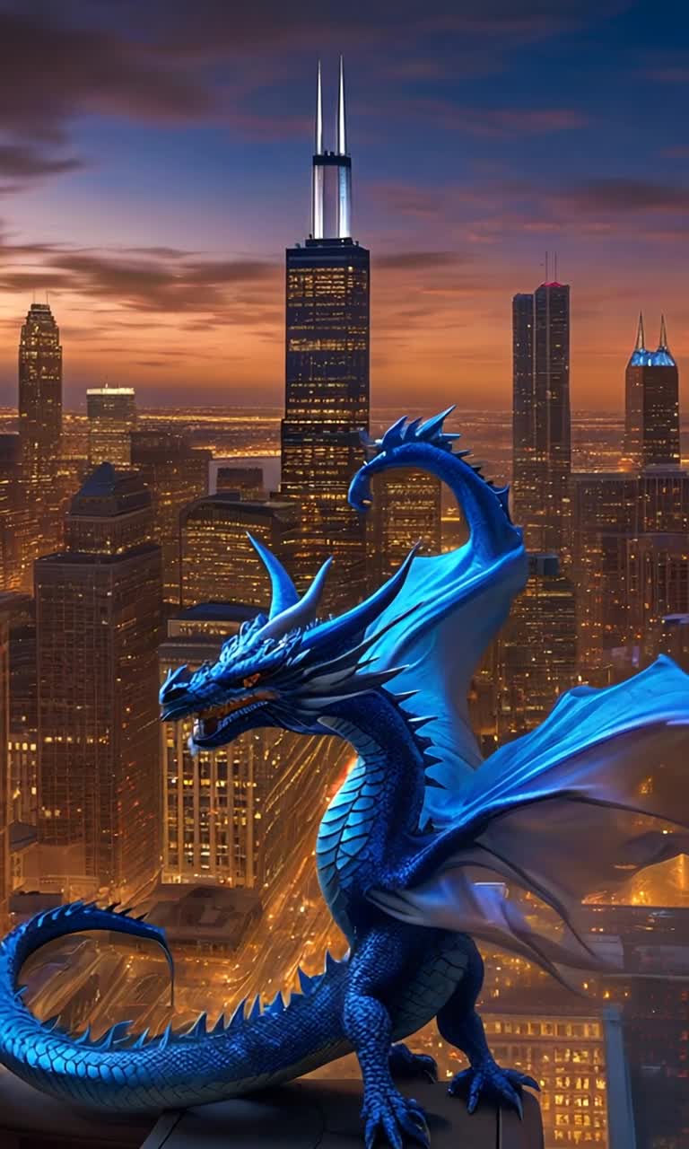 Majestic blue dragon soaring gracefully across a glowing skyline of Chicago illuminated by golden hour light wisps of haze swirling around shimmering skyscrapers glinting in the fading sunlight vibrant colors painting the horizon casting shadows on bustling streets below delicate reflections dancing on windows of towering buildings creating a magical atmosphere filled with wonder enchanting journey through an urban landscape alive with energy breathtaking view merging fantasy with reality in a breathtaking dusk sky
