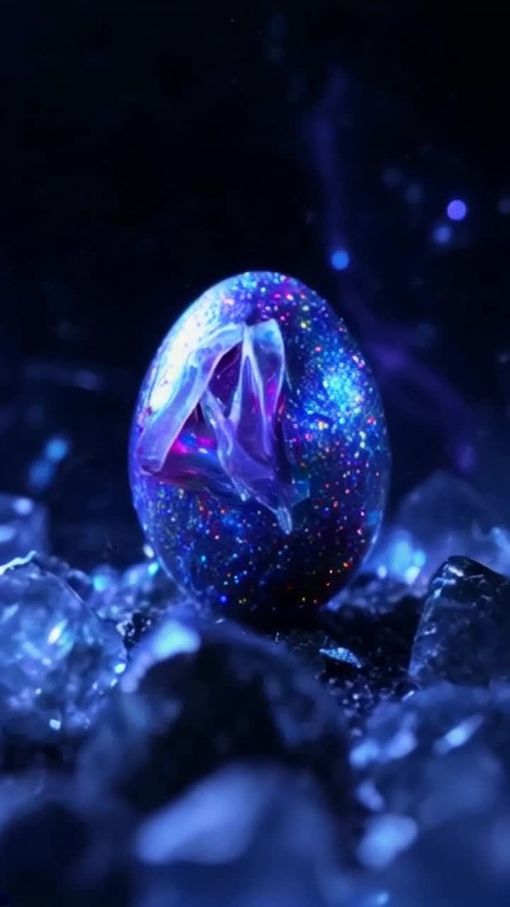 A solitary iridescent egg pulsating with vibrant colors wiggling energetically on a darkened alien landscape sparkling with shimmering crystals surrounding it radiating an otherworldly glow as the shell cracks open revealing a peculiar extraterrestrial creature emerging stretching its glistening limbs and unfurling delicate translucent wings in a surreal twilight atmosphere filled with swirling mist and distant swirling galaxies illuminating the scene with hues of blue and violet