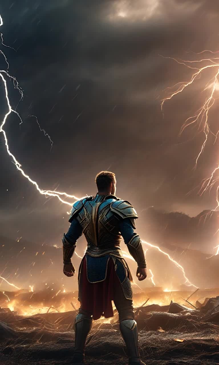 Warrior stands tall showcasing epic heroism flexing robust form crackling with energy shards spiraling around defeated foes scattered on ground fierce lightning illuminates swirling debris casting dramatic shadows across the battlefield stormy skies swirling above echoing thunder ominously punctuating the scene vibrant flashes of light revealing scars of past battles gleaming armor reflecting sparks resonating heartbeats of victory atmosphere thick with tension anticipation electric energy building feels like a living breath of power
