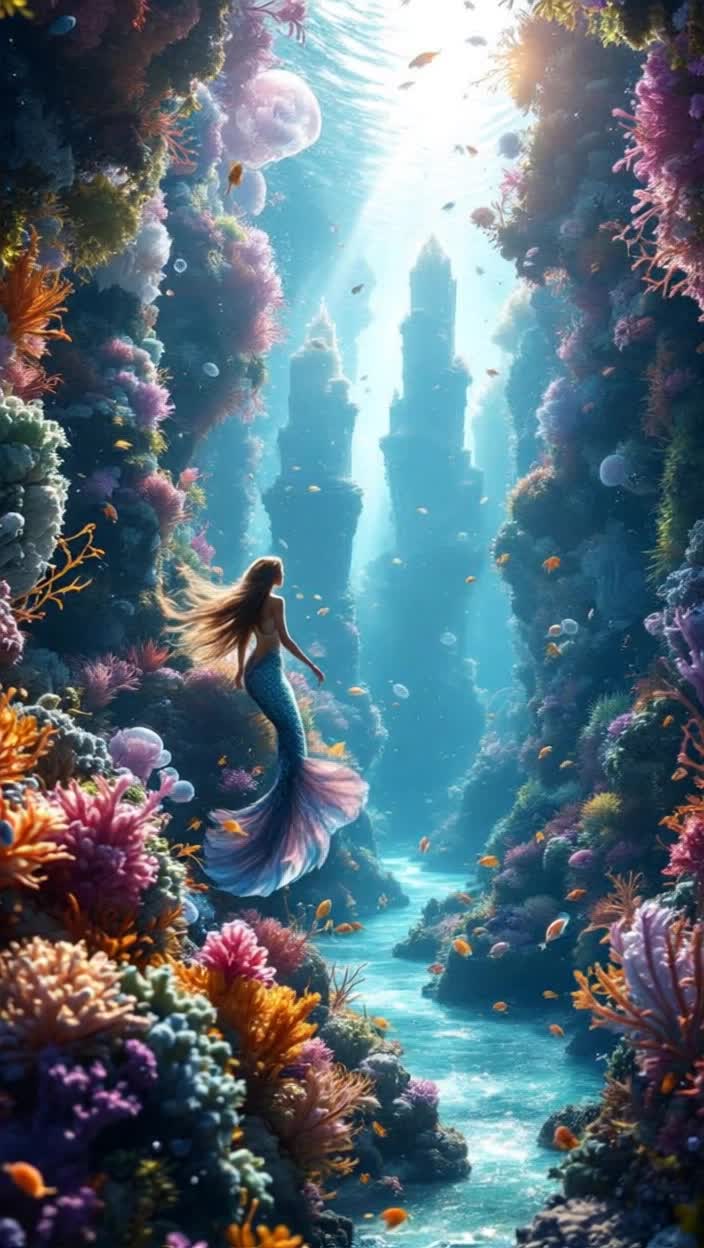 Intricate underwater kingdom alive with vibrant marine life featuring numerous elegant mermaids and mermen Each gracefully swimming in spiraling paths leaving trails of fizzing bubbles and light Towers of iridescent coral glisten alongside crystalline structures spiraling into dappled sunlight from above Seamless integration of living marine flora creates an organic breathing environment Schools of exotic fish darting in mesmerizing patterns Giant jellyfish drifting slowly casting ethereal glows while seaweed sways gently with currents Bubbles rising from ocean floor reflecting shimmering light adding dynamic energy to scene