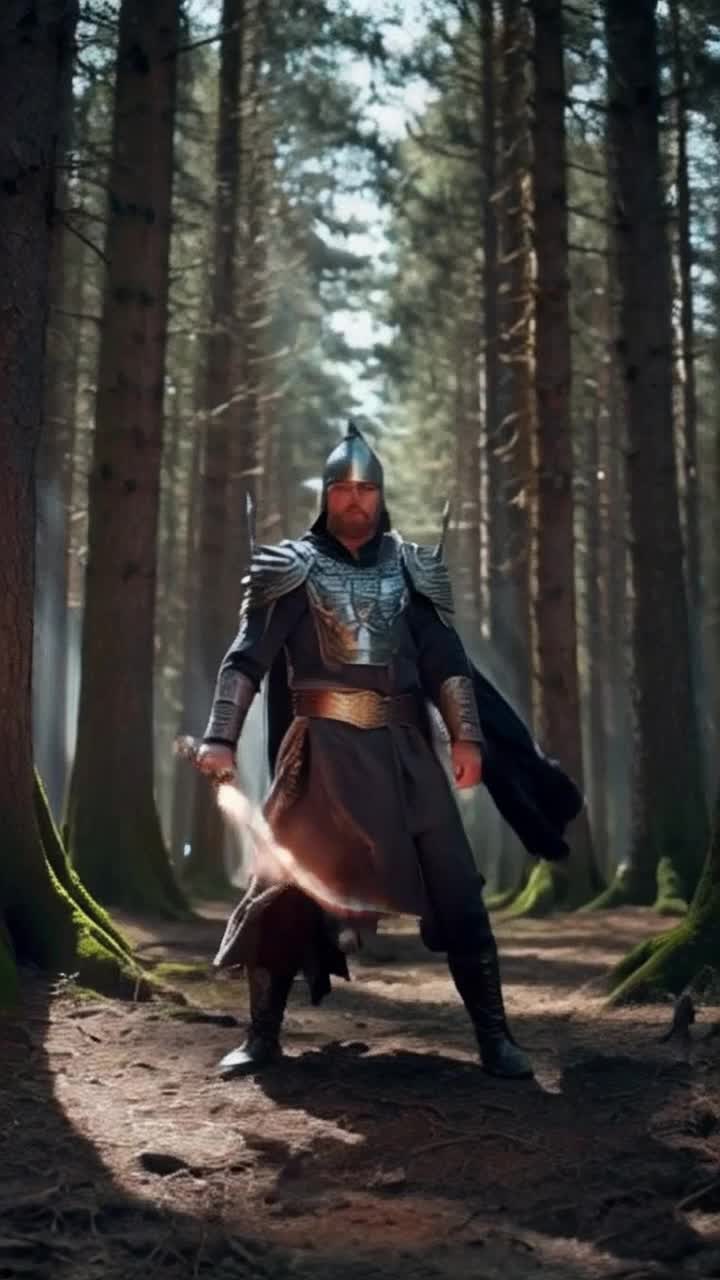 Mystical warrior with flowing robes and glimmering armor brandishing a glowing sword in an epic stance Radiating energy and confidence as he charges forward through a sprawling ancient forest filled with towering trees and ethereal light filtering through lush green leaves