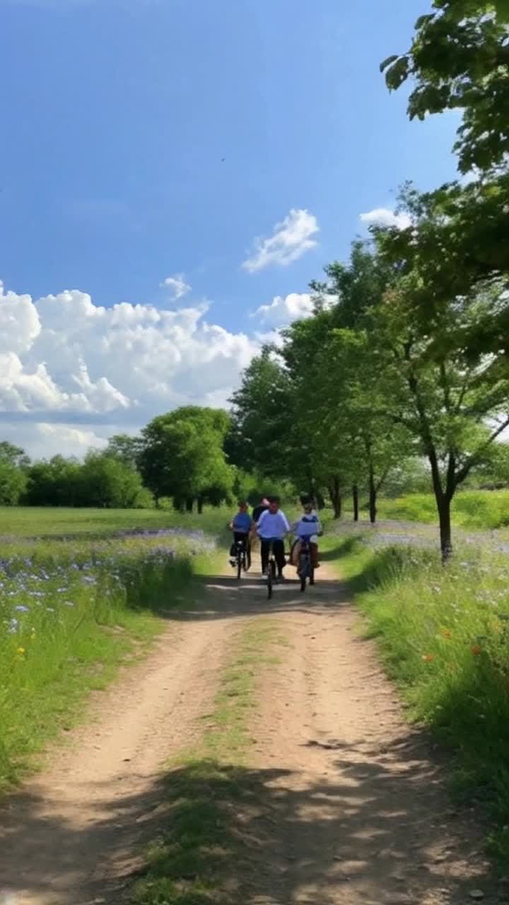 A group of adventurous boys racing down a winding dirt path vibrant with life and laughter pedaling furiously against a backdrop of lush green trees and blooming wildflowers sun filtering through leaves casting playful shadows on the ground vibrant blue sky overhead dotted with fluffy white clouds butterflies flitting around adding whimsical charm to the scene warm breeze brushing against their faces as they navigate turns and bumps playful shouts echoing in harmony with natures symphony excitement palpable in the air