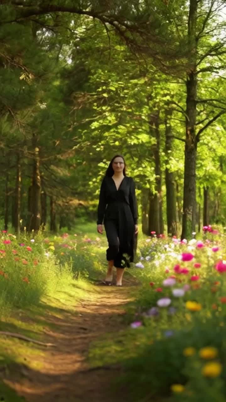 Sleek ebony statuesque figure glistening in soft golden light Radiating confidence and grace with every powerful stride Surrounded by lush green forest vibrant with colorful flowers sparkling in morning dew