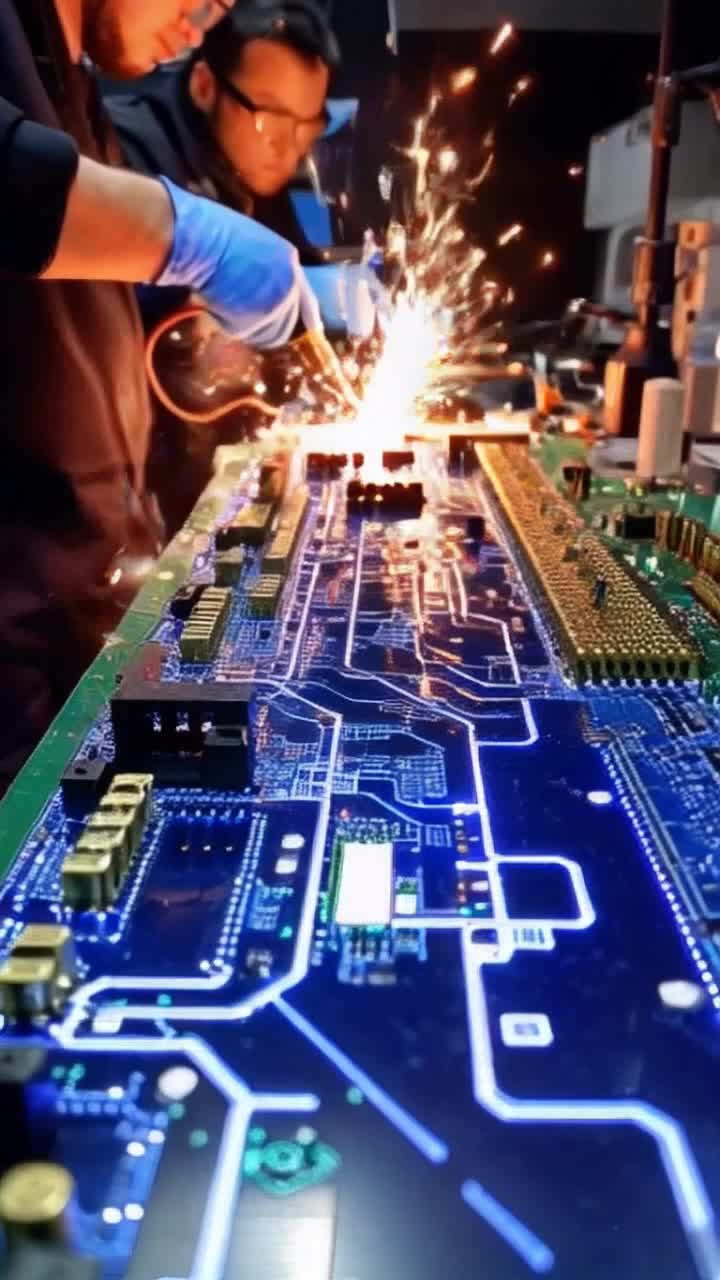 Intricate PCB board glowing with vibrant circuit paths three skilled technicians intensely focused on their work hands delicately soldering components together sparks flying excitement in their expressions modern workshop filled with hightech equipment bright overhead lights casting sharp shadows cluttered workbenches lined with tools and tech diagrams humming machines creating an electrifying atmosphere
