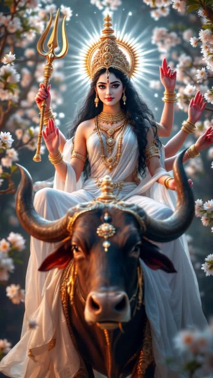 Goddess Mahagauri radiating divine beauty at sixteen with an ethereal fair complexion shimmering like moonlight Four graceful hands adorned with a Trishul in one right hand the second in Abhaya Mudra holding a Damaru in the left with the other in Varada Mudra Elegantly draped in flowing white garments symbolizing purity Ascending on a magnificent bull symbolizing strength Surrounded by blossoms of Kunda illuminating the scene with soft hues of white and gentle light invoking a serene atmosphere Celebrated during Navratri evoking an aura of devotion and reverence wrapping the setting in vibrant energy