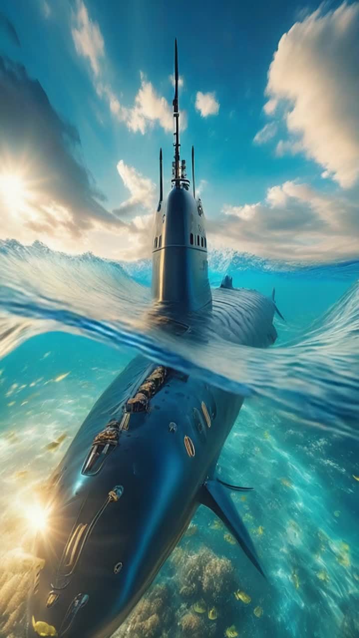 A sleek futuristic submarine gliding effortlessly through vibrant crystalclear ocean waters transitioning seamlessly into the sky A powerful engine ignites propelling it upward with brilliant bursts of color as it pierces fluffy white clouds Rays of sunlight dance on the surface reflecting brilliant hues of blue and gold while schools of fish swirl below showcasing the beauty of both sea and sky
