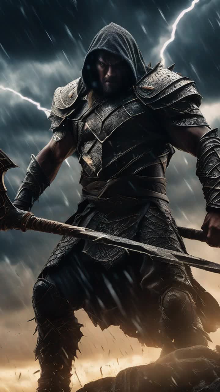 Brave warrior clad in shimmering armor gripping a mighty Axe of Justice silhouetted against a stormy sky swarming with sinister dark demons swirling with malevolent energy unleashing fierce shouts with each powerful swing of his axe slicing through thick layers of ominous clouds crackling with electric tension echoes of thunder rolling through the atmosphere illuminating flashes of light and shadow creating a dramatic contrast a battleground of valor amidst chaos revealing a struggle between good and evil in a climactic showdown