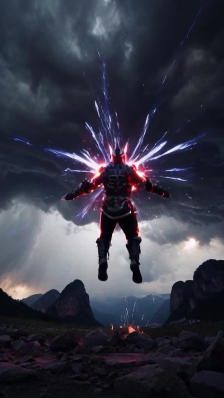 Fierce warrior clad in intricate armor vibrant colors swirling around him rises from a low-angle perspective soaring upward through dynamic leaps unleashing powerful energy blasts radiating high-frequency waves striking the atmosphere like bolts of lightning intense ripples distort the air shimmering with anticipation echoes of battle resound in the background distant mountains looming under a stormy sky dark clouds crackling with energy illuminating the scene in surreal flashes of light creating an electrifying atmosphere of chaos and determination