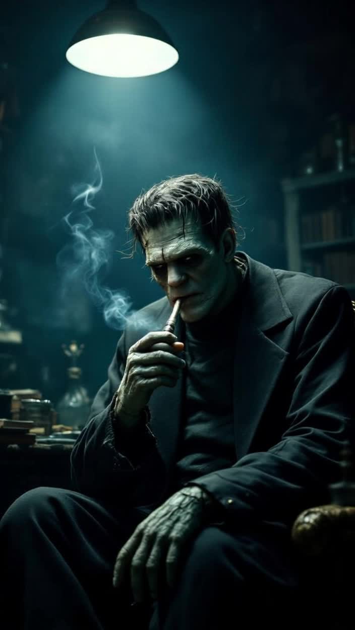 Frankenstein smoking out of a glass pipe 
