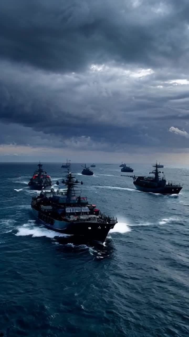 Majestic armada of colossal ships slicing through tumultuous seas towering robotic sentinels gliding across polished decks mechanical limbs whirring in rhythmic precision as they prepare for battle looming dark clouds on the horizon crackling with energy rival fleet visible in the distance ready for confrontation sound of waves crashing against hulls tension in the air electrifying atmosphere of anticipation warriors of metal lined up ready to defend their domain