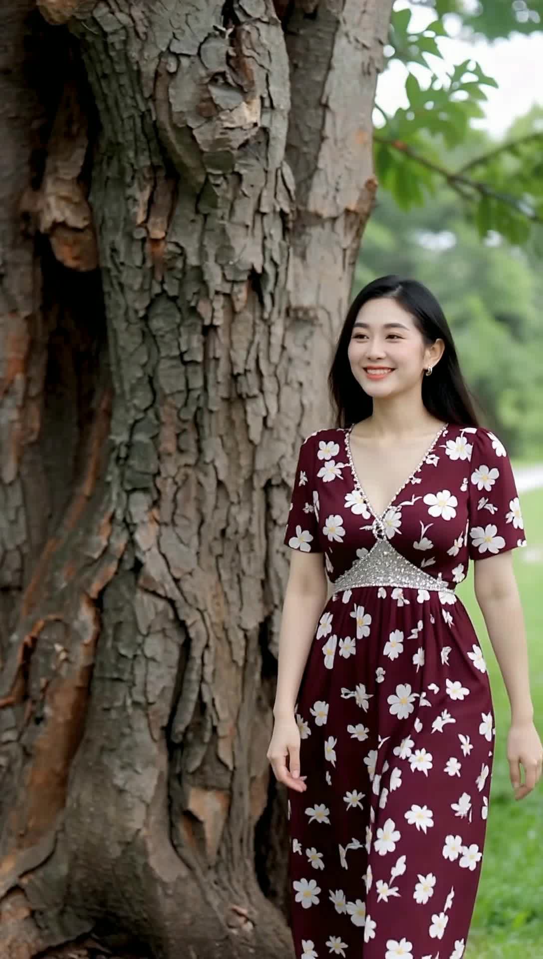 Walking and smiling as she reaches out the cameraman for a hug and kiss