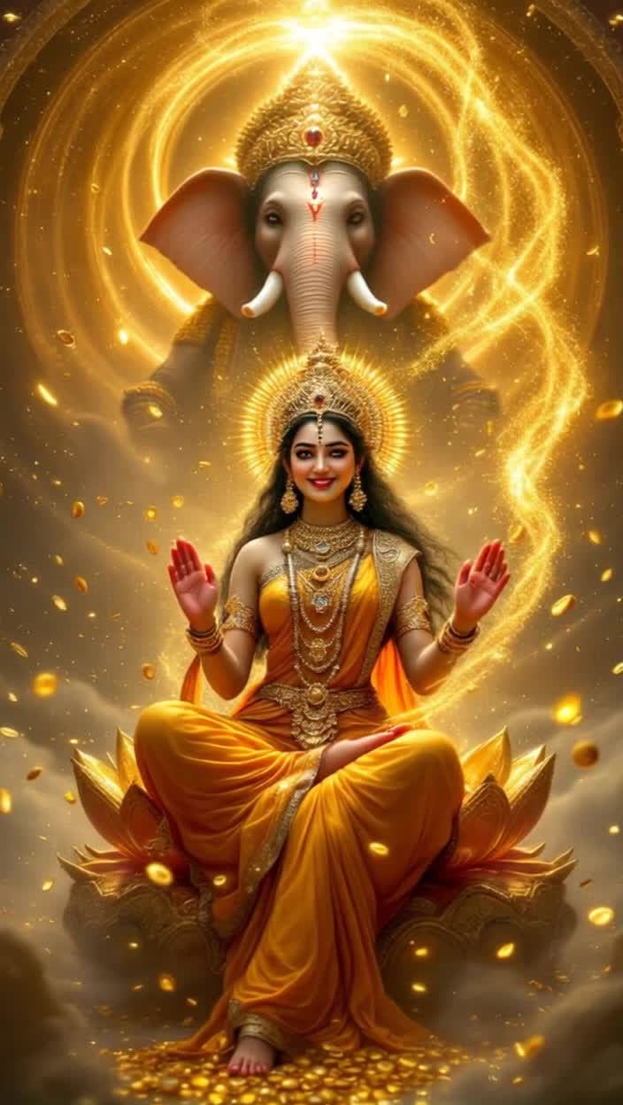 Goddess Mahalakshmi radiant and divine surrounded by cosmic beauty emerges from a swirling vortex of golden light igniting a captivating golden lotus throne shimmering with pearls and coins As the enchanting veena melody fills the air gold coins cascade from her delicate hands transforming into a dazzling pile of gems Airavata the celestial elephant stands majestically behind anointing her with golden waters With a serene smile the Goddess embodies wealth inviting all to call upon her spirit As she dissolves into radiant light a breathtaking closeup reveals her intricate crown and elegant sari illuminating eternal prosperity