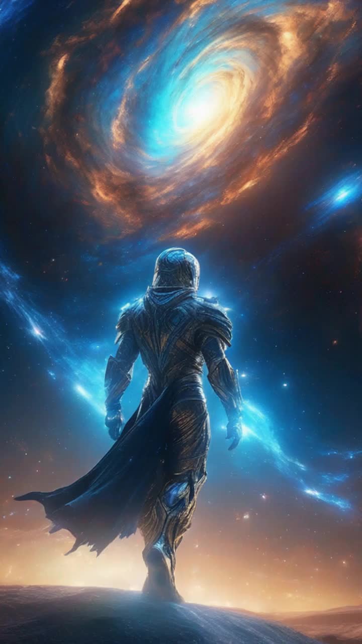 Celestial warrior cloaked in shimmering iridescent armor radiating vibrant atomic blue energy stands tall with fierce resolve receiving divine mission from magnificent figure of THE MOST HIGH surrounded by swirling cosmic galaxies and ethereal light illuminating vast 7th dimension infused with vibrant colors and mystical symbols pulsating through space creating an atmosphere of aweinspiring power and purpose