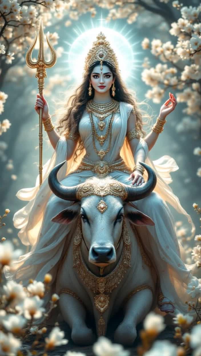 Goddess Mahagauri radiating divine beauty at sixteen with an ethereal fair complexion shimmering like moonlight Four graceful hands adorned with a Trishul in one right hand the second in Abhaya Mudra holding a Damaru in the left with the other in Varada Mudra Elegantly draped in flowing white garments symbolizing purity Ascending on a magnificent bull symbolizing strength Surrounded by blossoms of Kunda illuminating the scene with soft hues of white and gentle light invoking a serene atmosphere Celebrated during Navratri evoking an aura of devotion and reverence wrapping the setting in vibrant energy
