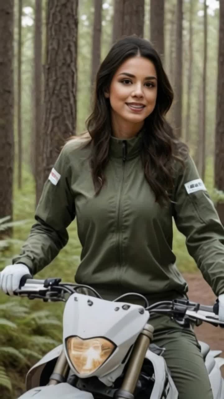 Graceful, stylish woman in vibrant riding gear gripping handlebars of a sleek dirt bike Wildflowers swaying as she accelerates through twisting trails Leaves rustling in a sundappled forest filled with towering trees and dappled sunlight creating a magical, enchanting atmosphere
