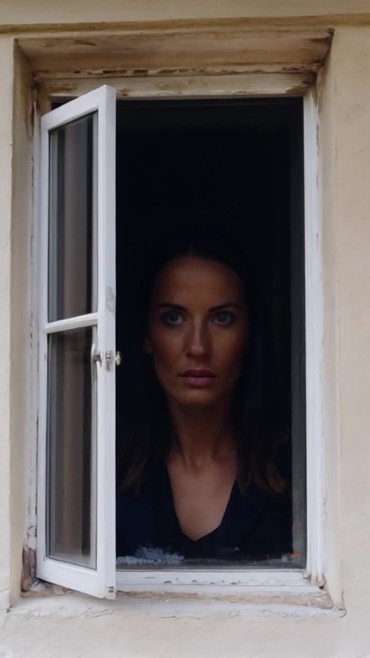 The face of a tremendously gigantic and beautiful woman suddenly emerges from below and outside the window, her face is nearly as large as the window itself, The window moves slightly as the she moves closer to the window