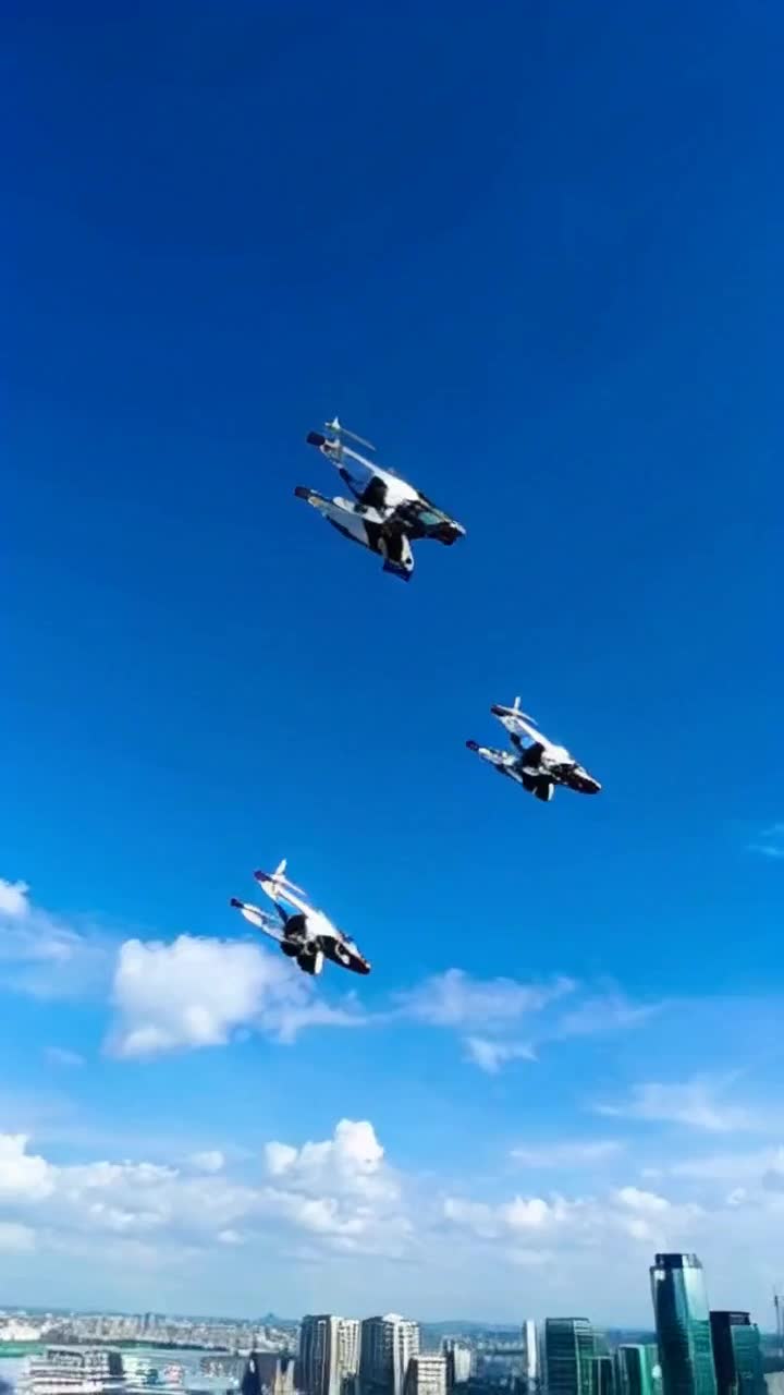Robots with jet packs flying in formation rocket robotic drones rocketing 