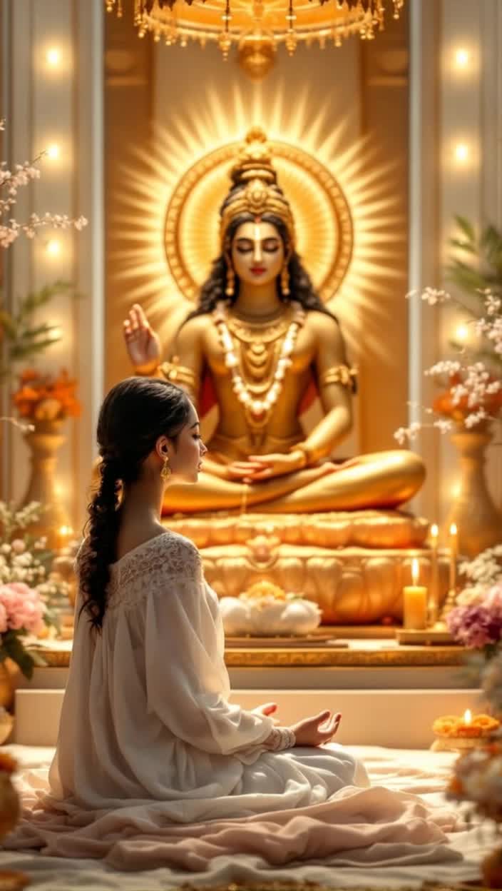 Serene individual seated before radiant Skandamata idol palms gracefully folded in devotion Gentle breath halting thoughts as a tranquil chant of her mantra unfolds Intimate setting adorned with soft