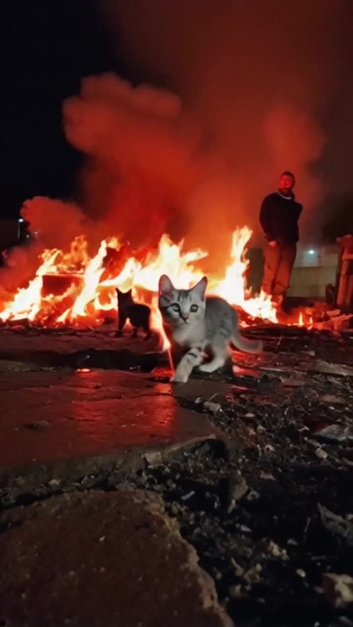 Tiny fluffy kittens with wide innocent eyes scurry about in panic as flames dance wildly around them. A man with a crooked smile steps back relishing the chaos igniting laughter from his lips. Night sky glows orange and red from the raging fire illuminating shadows flickering across the ground while smoke billows upwards into the dark abyss above