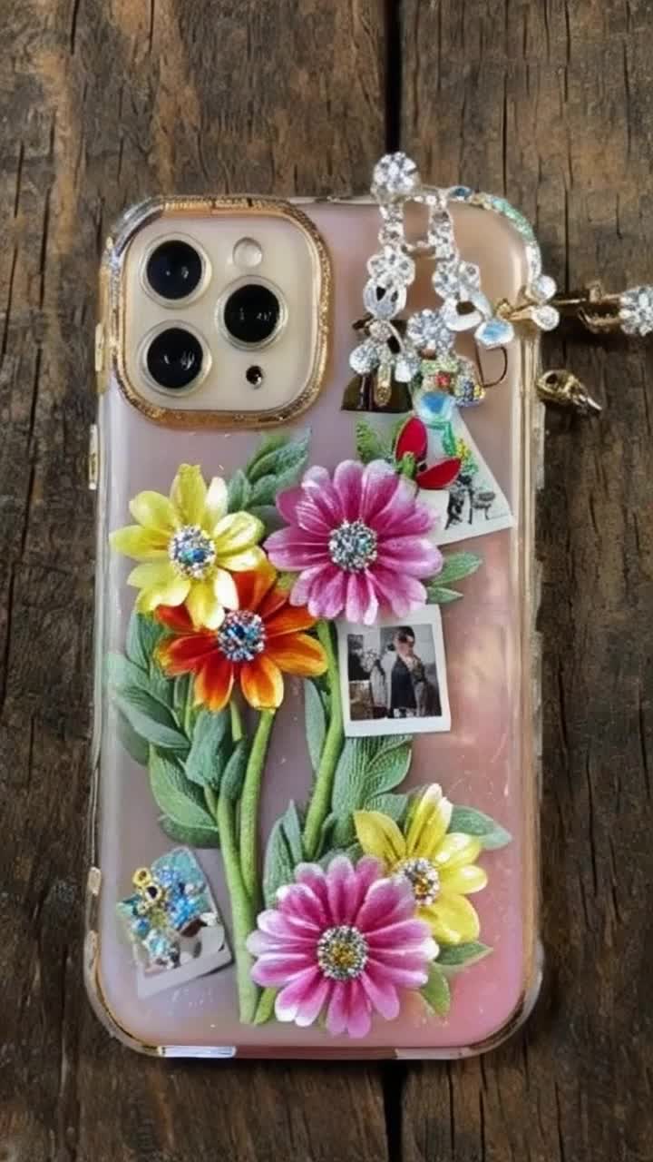 Colorful mobile cover adorned with intricate crystal keychains showcasing love themes Cascading gently from a rustic wooden wall surrounded by soft sunlight filtering through the leaves of nearby trees Vintage photographs capturing joyous moments peek through vibrant floral prints creating a whimsical collage that evokes nostalgia and warmth