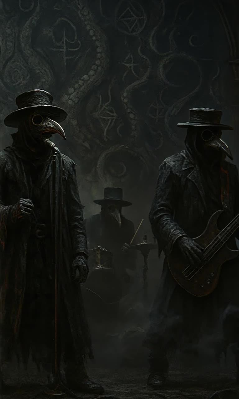 A dark gothic metal band bobbing heads rapidly and unison headbanging as they plays an erroneous point truth of deception in melodic irony,