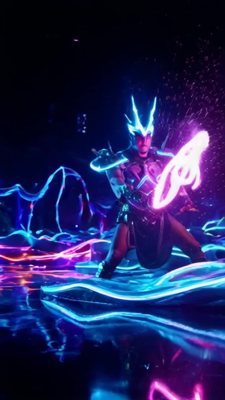 High vibrational warrior focused resolute energy arcs swirling at fingertips vibrant glowing sigils illuminating surroundings chaos of neon colors pulsing rhythmically battling against relentless waves of light fierce determination emanating warrior's aura electric atmosphere thrumming with energy intensity shifting shadows revealing hidden dangers each movement precise fluid in this electrifying struggle bright reflections bouncing off sleek surfaces urgency palpable as vibrant chaos engulfs scene