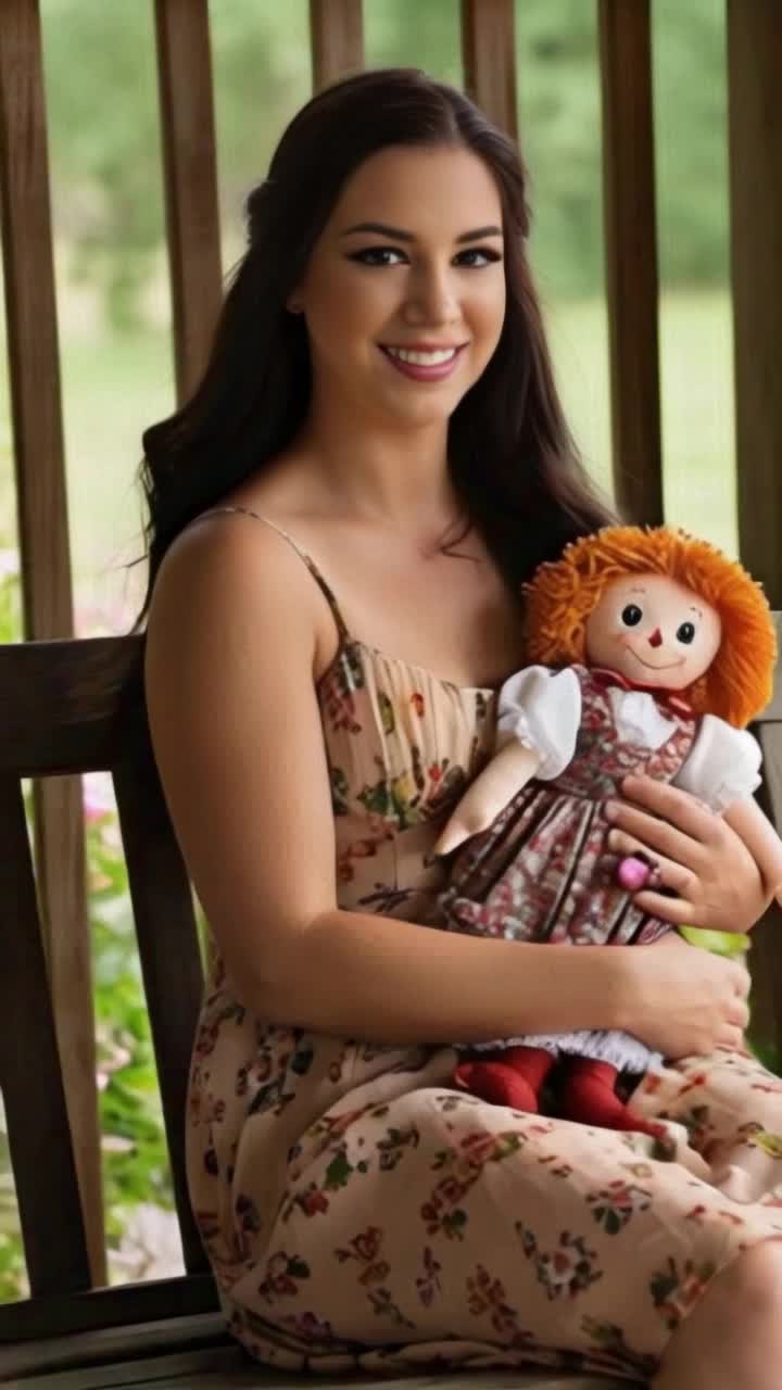 Radiant bohemian woman draped in flowing fabrics cradling a vintage Raggedy Ann doll Swings gracefully on an antique porch swing with a gentle rhythm Blossoming garden blooms vibrant colors surrounding a cozy rustic porch with sunlight filtering through swaying branches