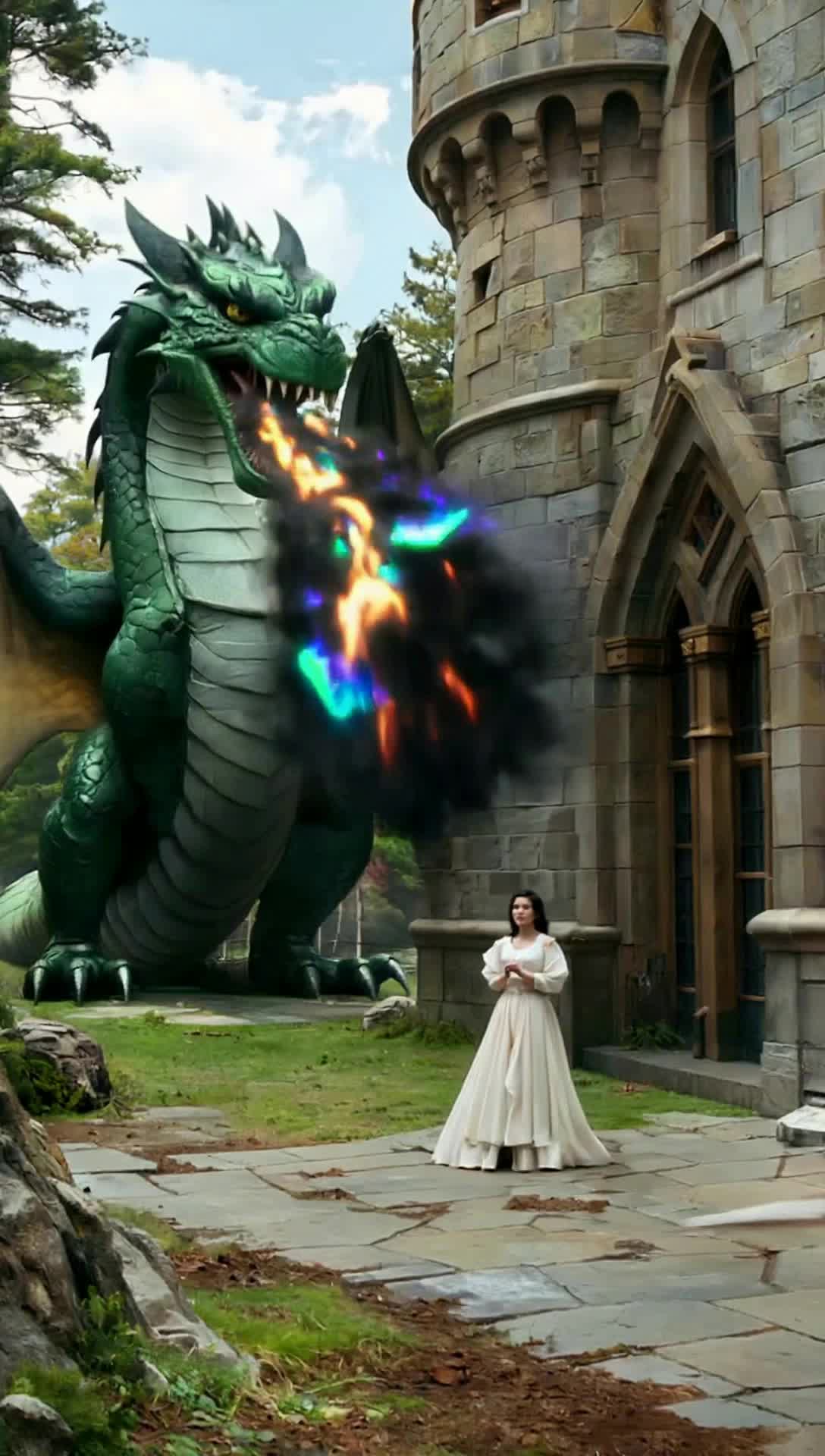 Knights saving a maiden from a high castle being attacked by a huge dark green dragon breathing out a black fire that actually sparkles iridescent blackness        The dragon blends into its surroundings, looking invisible