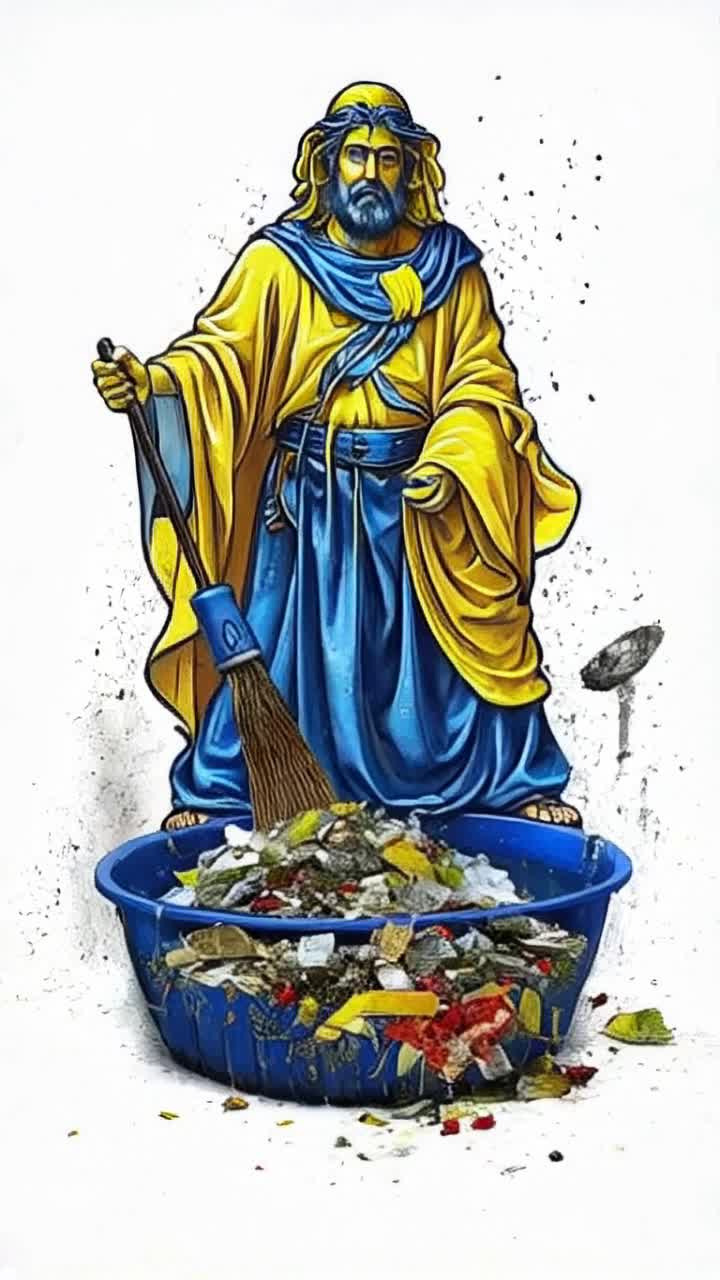 A brutal image of the Great Cleanup On Maundy Thursday, the Ukrainian God of War typography is yellow and blue ZSU uses a broom and water to sweep away all kinds of garbage, wars, corruption, dictators and other dirt from the earth The image is hyperdetailed and visually engaging and emotionally resonant, clearly and effectively demonstrating the uniqueness of