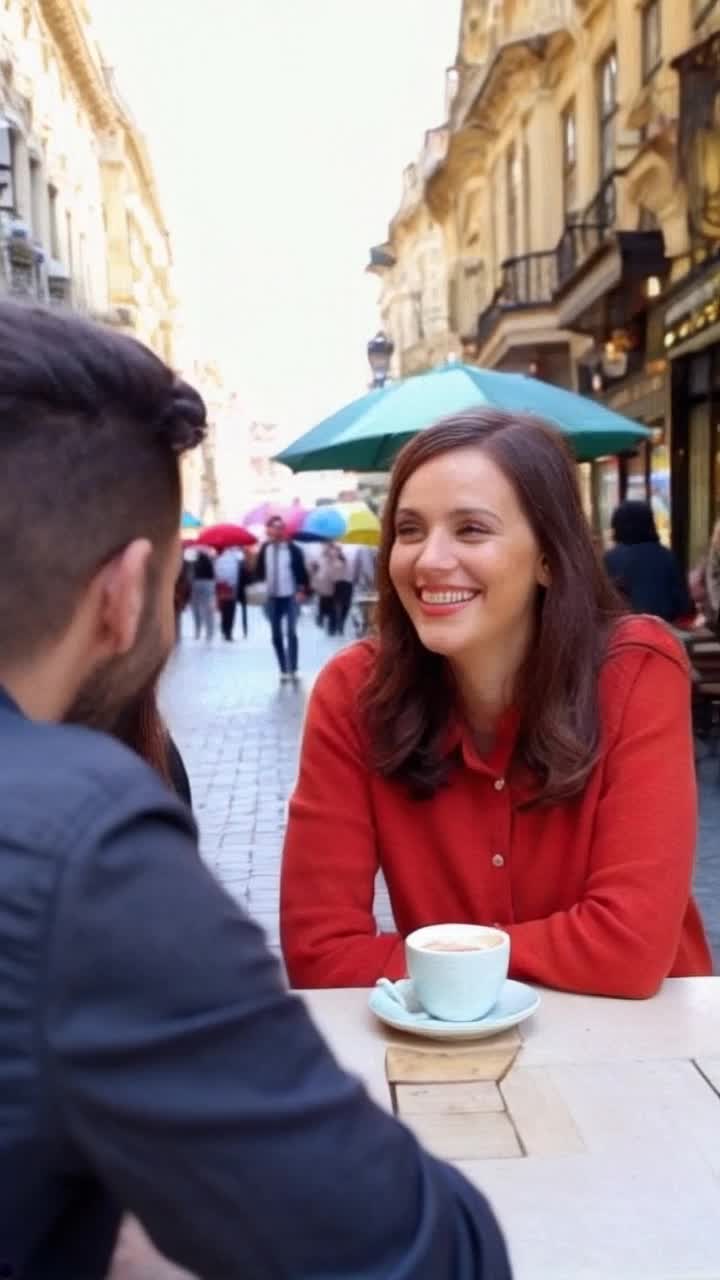 Cheerful group of friends gathered in a sunlit caf celebrating midweek joy Animated conversation filled with laughter and clinks of coffee mugs Vibrant city street bustling with people and colorful umbrellas overhead