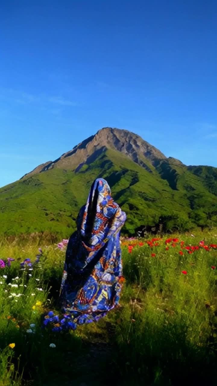 RizwankhanIntriguing figure cloaked in vibrant cloth wrapped with intricate patterns shimmering in sunlight radiating elegance and mystery standing confidently against a majestic mountain backdrop adorned with lush greenery beckoning adventure inviting exploration as gentle breeze rustles through wildflowers blooming in vivid colors dazzling under azure skies creating a sense of wonder and serenity enhancing the captivating allure of the scene