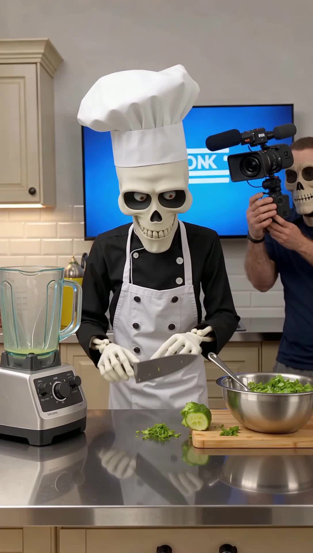 A skeleton wearing a white apron over a chef uniform and jaunty chef hat is in a sleek and modern kitchen in front of a television camera where a camera skeleton man gives a skeletal thumb up that they are an the air, live as a neon sign over the skeleton camera man suggests   The skeleton chef has just chopped up a bunch of vegetables to make a smoothie with, setting the knife down on the countertop , the skeleton scoops the chopped veggies with one skeletal hand into the other and drops the chopped veggies into the blender and the hand holding the vegetables falls into the blender, too   The skeleton pauses with a grimace, looks at the viewer and gives an awkward, embarrassed smile,  reaches down into  the blender with the other skeletal hand to grab the fallen skeleton hand out and reattach back to the wrist, then waves that everything is okay, even making the okay sign with the reattached skeleton hand