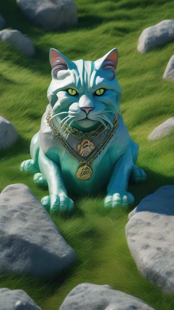 A huge chalk and gravel outline of  a fierce wildcat The outline is on a vibrant green grass hill with grey boulders with what appears to be silver metal jewelry and plates spilling out of the boulders There is a small form with gold hair that resembles a child but is an evil leprechaun The sky is a glorious light blue with puffy white clouds tinged with gold and pink