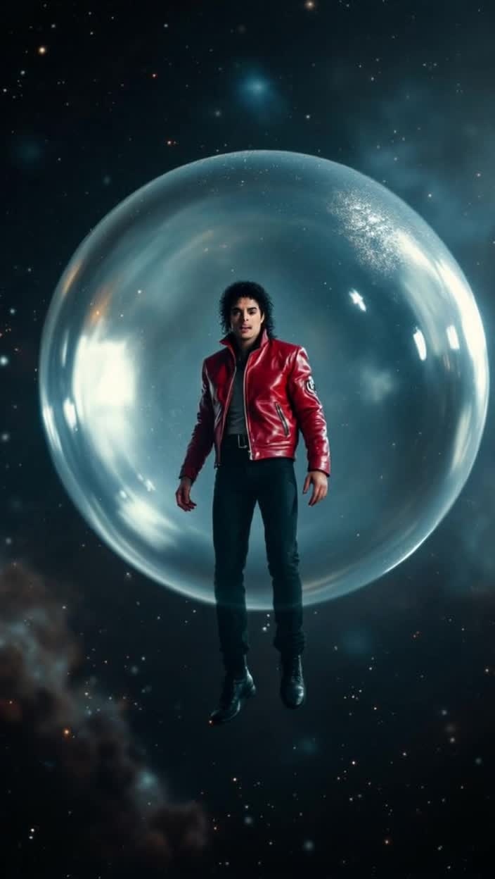 A big snot bubble floating through space and Michael Jackson is trapped inside the bubble of snot 