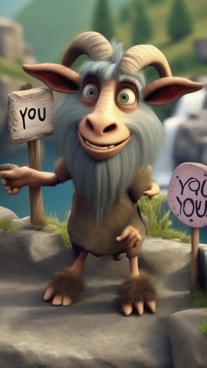 Animated and colorful, a troll gets knocked off an old stone bridge bya little billy goat as a family of billy goats stand cliffside in support, of their goat, one holds a sign on a stick saying we love you, 