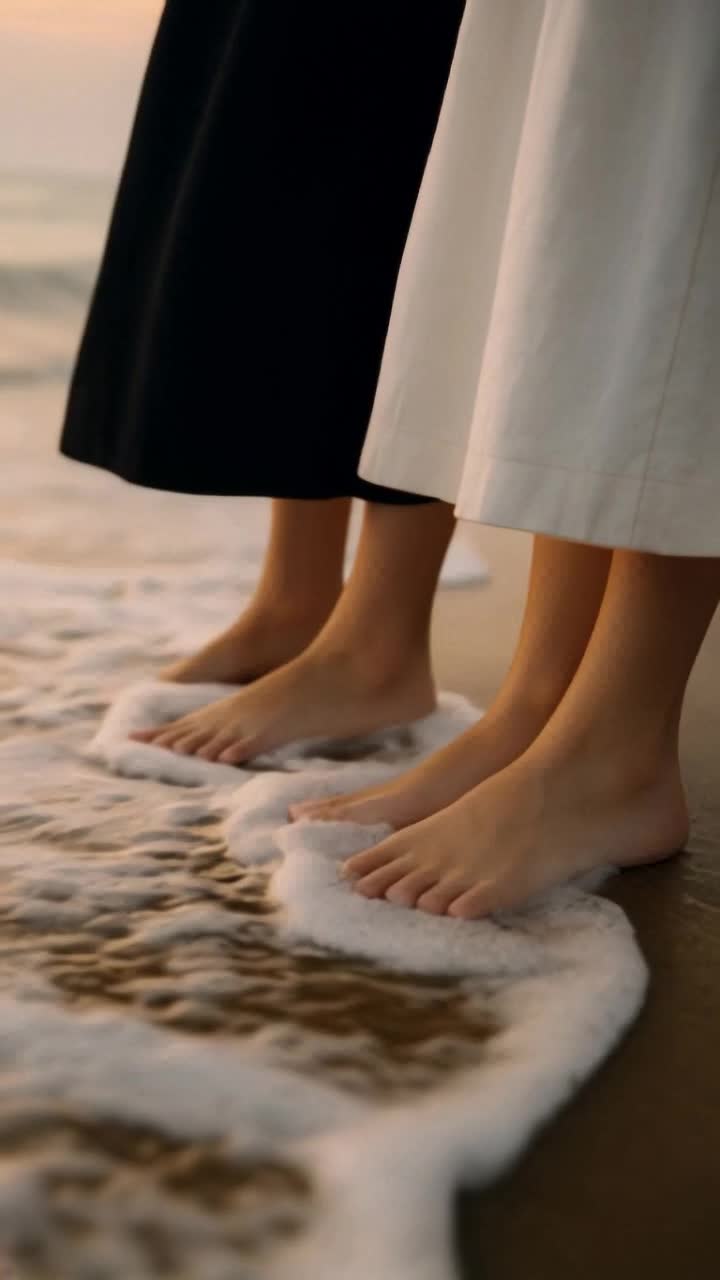 At dusk the Waves gently lap over the toes as they step into cool water Barefoot journey begins at the waters edge Serenity envelops the scene with soft whispers of the breeze 