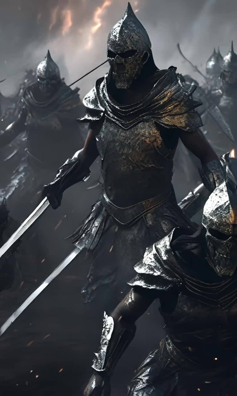 Fallen warriors shrouded in shadows flicker like ghosts under wavering torchlight radiant armor glimmering defiantly amidst chaos. Broken swords litter ground reflecting pale light souls lingering in silence. Smoke whispers through air mixed with the scent of earth and iron night sky shrouded in ominous clouds. Distant sounds of clashing steel echo hauntingly as shadows dance around flickering flames rising from remnants of battle. A lone figure stands tall fists clenched against uncertain fate engulfed by darkness illuminated in soft golden hues reflecting his unwavering spirit