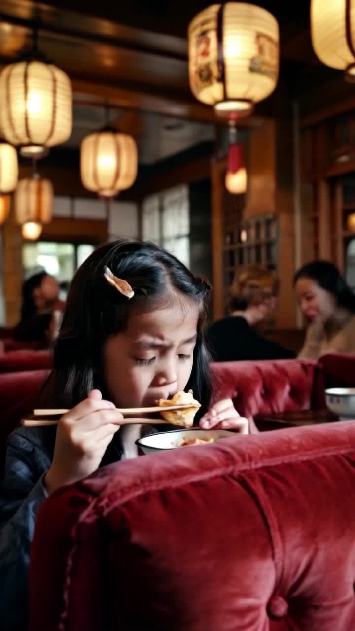 Japanese girl with expressive eyes tears streaming down her cheeks delicately grasping steaming dim sum with chopsticks savoring each bite savoring flavors bursting with nostalgia Inside a cozy bustling dim sum restaurant adorned with vibrant lanterns and intricate woodwork warm light casting gentle shadows on velvet cushions eager patrons chatting animatedly in the background