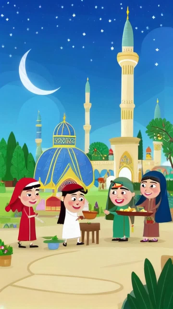 Colorful animated characters wearing traditional Islamic attire showcase diverse cultures Playful interactions among characters highlight kindness and community Vibrant scenes filled with mosques gardens and bustling marketplaces create a lively atmosphere Silver crescent moons and twinkling stars illuminate the night sky above Lively background music enhances the cheerful mood as characters engage in wholesome activities like sharing food and helping each other Each scene blends humor with meaningful lessons of faith and friendship, inviting viewers into a joyful exploration of Islamic values depicted through charming cartoons filled with laughter and warmth