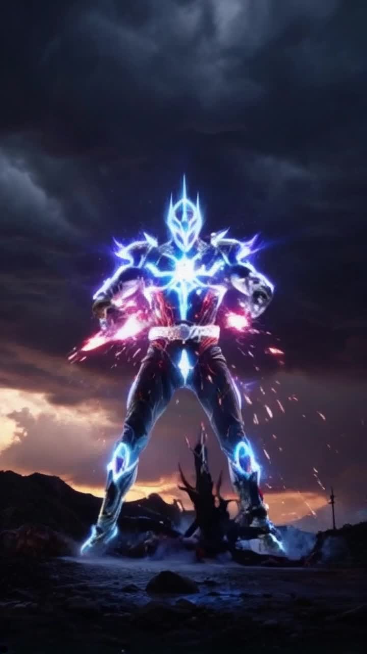 Powerful warrior transformed glowing with energy unleashes fierce wave of atomic energy that radiates brilliant colors striking at shadowy demons swirling around him sending them crashing to the ground in explosive dynamic motion against a backdrop of a twilight sky filled with swirling storm clouds energy crackling in the air creating an atmosphere of tension and chaos