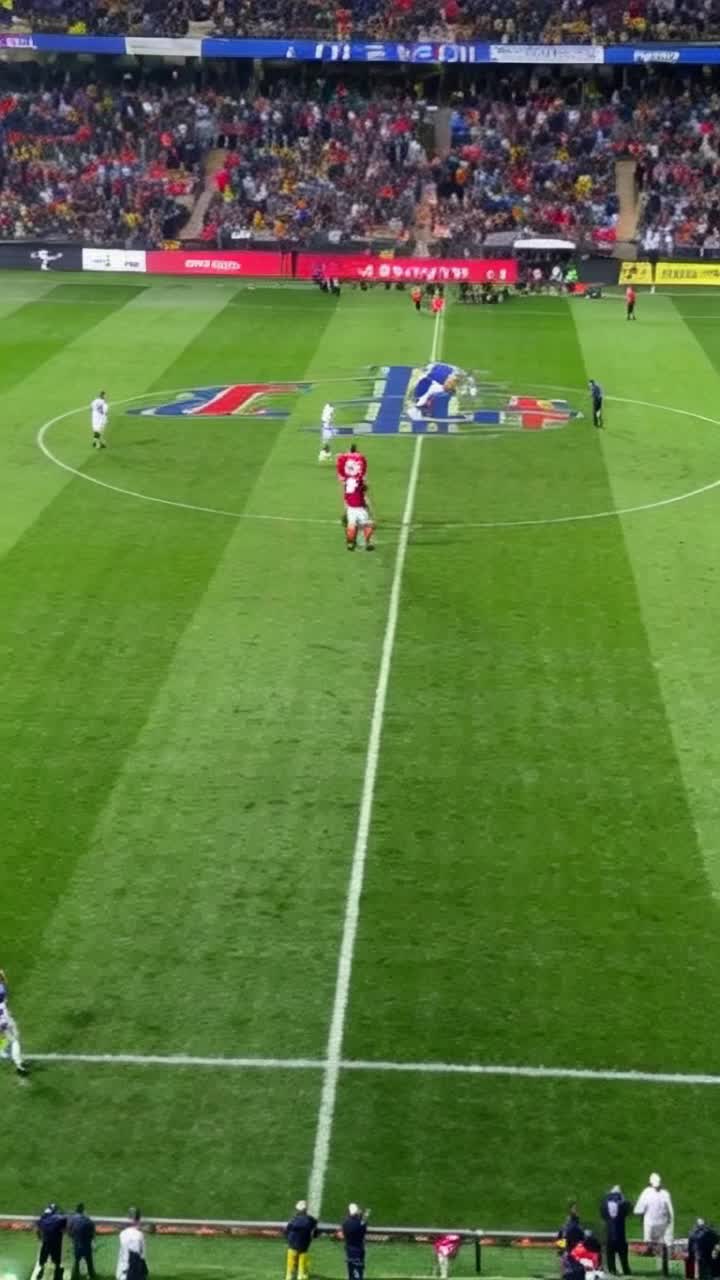 Epic showdown between two legends Lionel Messi with his iconic number 10 jersey and Cristiano Ronaldo showcasing his sleek athleticism Sporting clash unfolds on the lush green pitch where millions hold their breath as these two titans face off under dazzling stadium lights Intense atmosphere filled with roaring fans wearing vibrant team colors waves of flags ripple in the stands electrifying tension hanging in the air as these giants prepare for battle amid a backdrop of historic rivalries and unforgettable moments