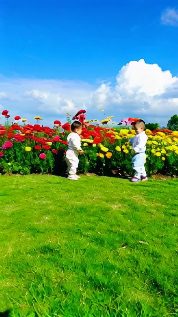 Two curious children, wideeyed with excitement, bounce playfully on a sunlit patch of grass They giggle and share mischievous secrets, their laughter echoing through the air A vibrant garden filled with blooming flowers surrounds them, colors dancing in the gentle breeze, butterflies flitting between petals A soft golden sun bathes the scene in warmth as fluffy clouds drift lazily across the bright blue sky above