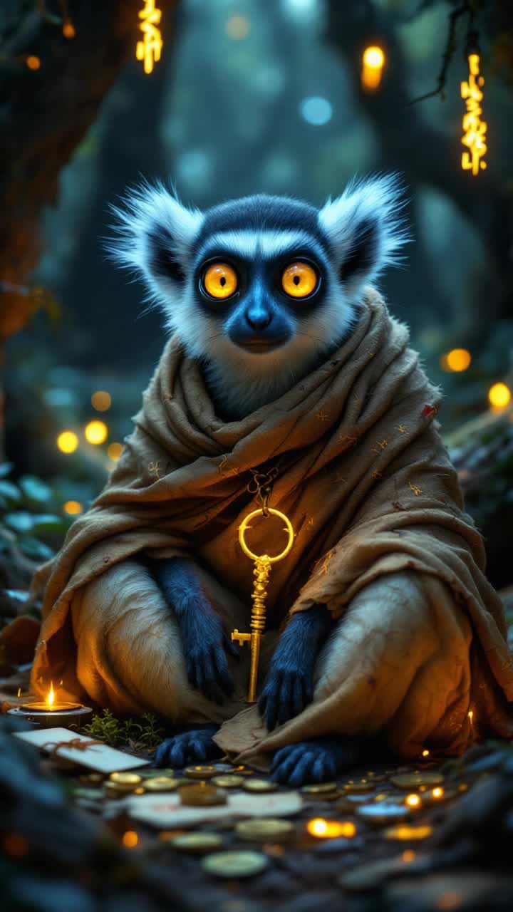 mystical atmosphere14, A wise, ancient lemur sifaka wrapped in a tattered, enchanted lambs fleece It sits in a mystical forest clearing, surrounded by glowing runes and stolen trinkets a lost key, a shiny coin, a forgotten letter It knows all your secrets Style of a dark Studio Ghibli film, magical realism ar 916 style 4a large, intelligent yellow eyes, knowing gaze, piercing stare