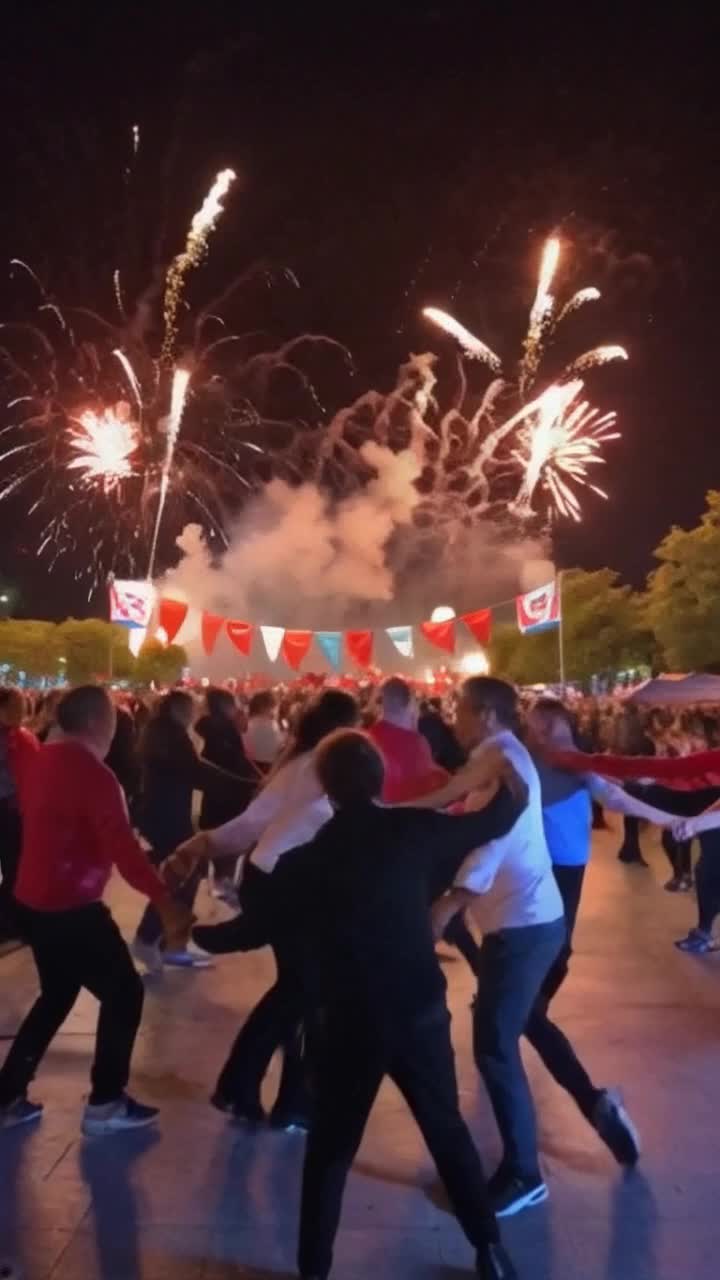 Joyous dancers adorned in vibrant red white blue attire twirling gracefully exuding energy bursting with enthusiasm Warm summer breeze carries rhythmic festive music pulsing from nearby speakers Streets alive with colorful flag banners swaying softly Glowing lanterns casting a magical light illuminating faces filled with joy Under a breathtaking display of fireworks blooming like flowers against a starry night sky Capturing an enchanting scene thick with excitement camaraderie celebrating unity Dancing together in perfect harmony surrounded by an electric atmosphere