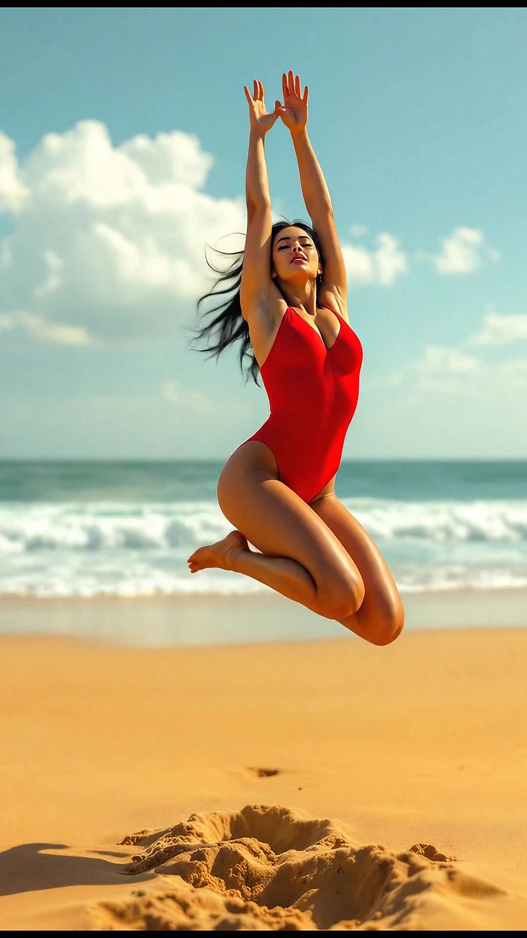 Black haired woman in a red leotard in the beach jumping up and down