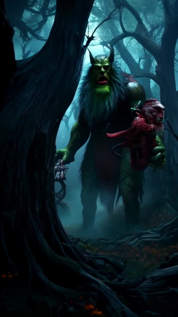 Predatory troll resembling Russian president Vladimir Putin towering menacingly with sharp features vibrant green skin and unsettling eyes Manipulating a grotesque guttapercha toy replica of American president Donald Trump with a sly grin Rippling forest shadows surround them ominous mist curling around ancient trees creating a sinister atmosphere